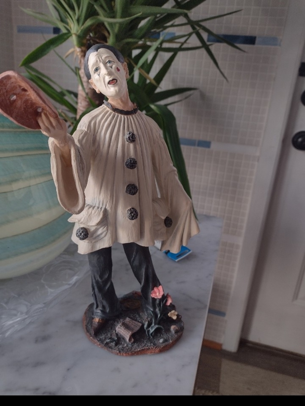 Hand-Painted Pierrot Clown Figurine in Cream and Black - Decorative Home Accent